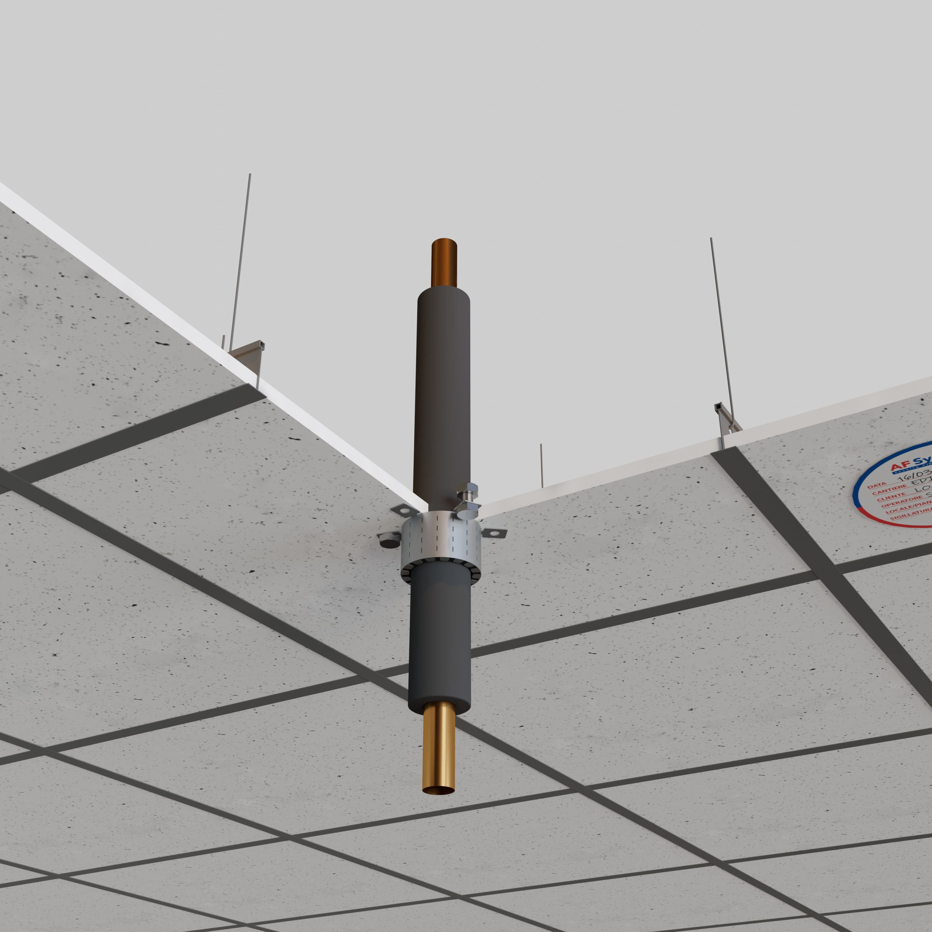 TUYAUX EN CUIVRE ISOLÉS SUR DES FAUX PLAFONDS EN FIBRE